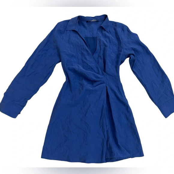 Zara Women’s Wrap Cross Long Sleeve Mini Dress Royal Blue Size XS EUC Side Zip - Picture 2 of 10